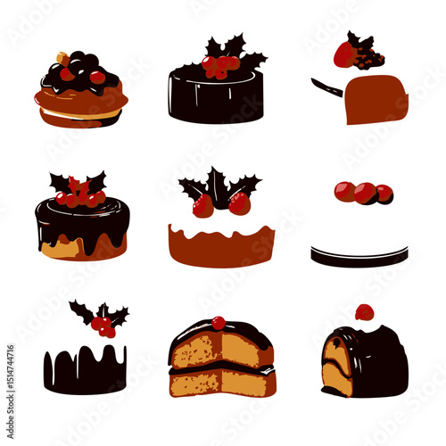 Flat winter holiday food icons international Christmas meals like panettone stollen and yule log cake