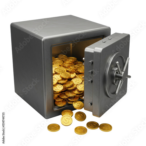 3D metal safe box opened with shiny gold coins and money scattered, symbol of wealth and savings isolated on a transparent background, png, cutout