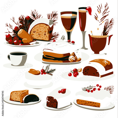 Flat winter holiday food icons international Christmas meals like panettone stollen and yule log cake