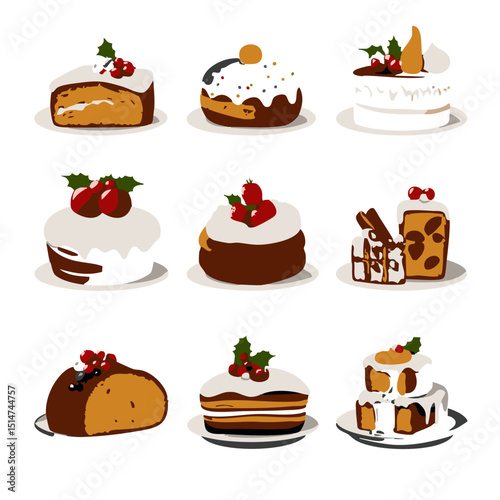 Flat winter holiday food icons international Christmas meals like panettone stollen and yule log cake