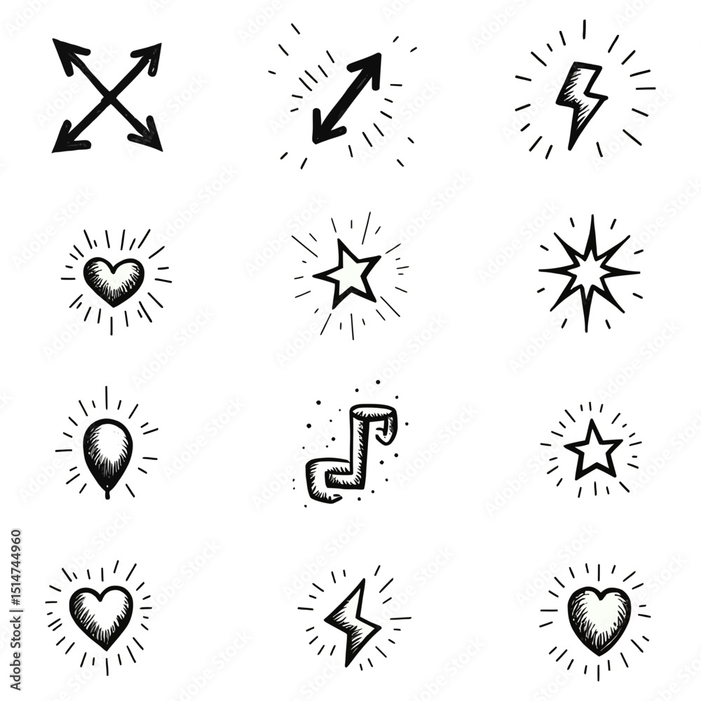 Hand drawn doodle icons vector silhouette set Black and white sketch emphasis symbols like stars hearts arrows lightning bolts for creative graphic design elements Hand drawn doodle icons vector silhouette set Black and white sketch emphasis symbols like stars hearts arrows lightning bolts for creative graphic design elements