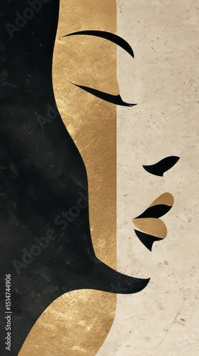 Modern abstract art depicting a stylized face in black and gold tones with textured backgrounds