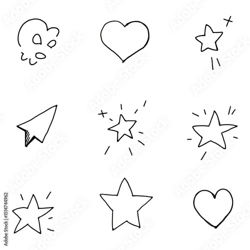 Simple minimalist doodle icon set vector silhouette Hand drawn black and white sketch stars hearts paw print and arrowhead for cute easy graphic design elements
