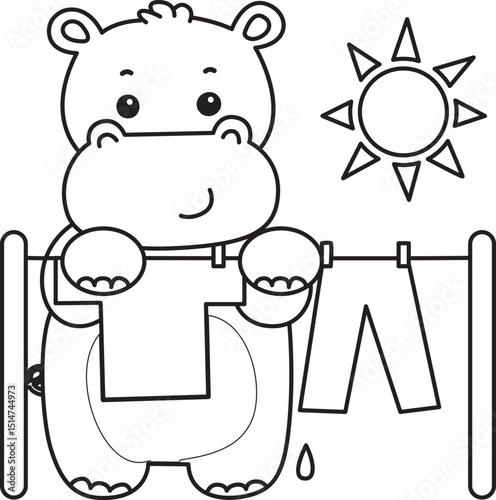 Outline of Cute hippo icon. Lineart of Funny baby hippo animal series stock illustration. life of fluffy hippo designs.