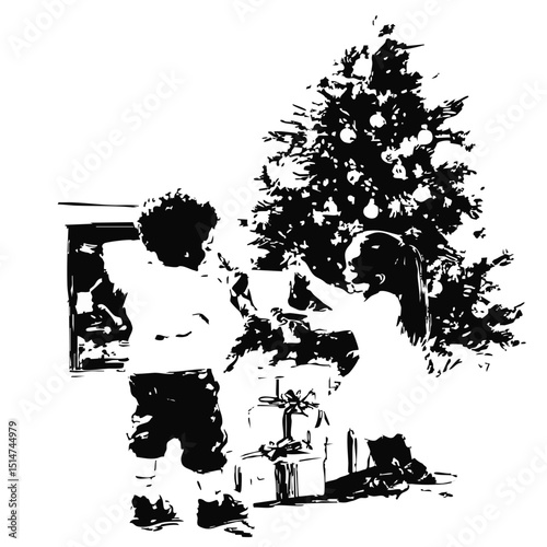 Line art illustrations of Christmas morning moments including stockings opening kids unwrapping gifts joy