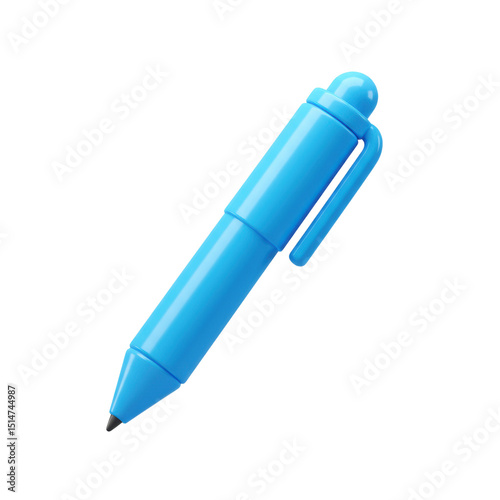 Realistic 3D blue ballpoint pen icon used for writing, office supplies, and education tools isolated on a transparent background, png, cutout