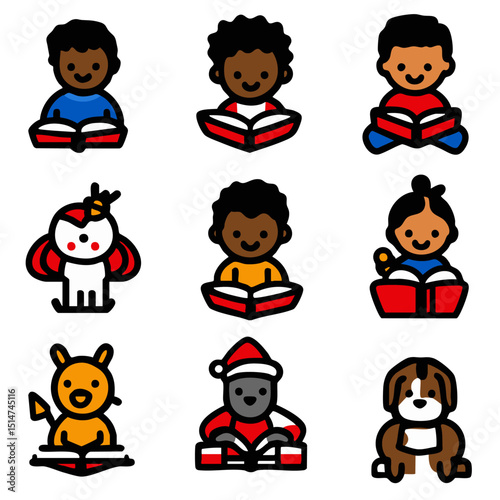 Line icon set of Christmas bedtime stories including children pajamas storybooks and reindeer plush toys