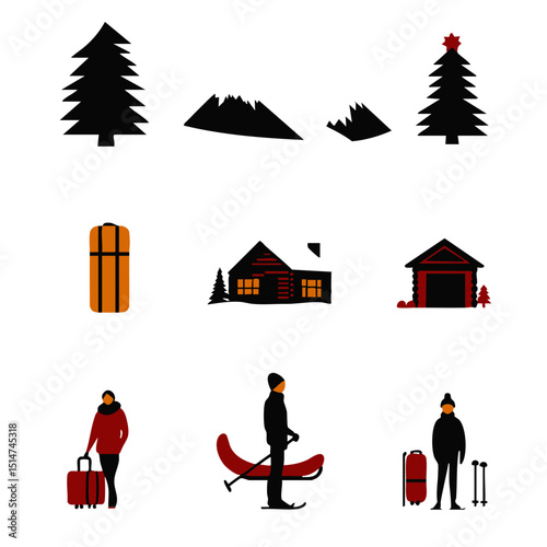 Minimalist holiday travel Christmas icons featuring sleigh suitcase snow capped cabin ski gear snowy mountain road