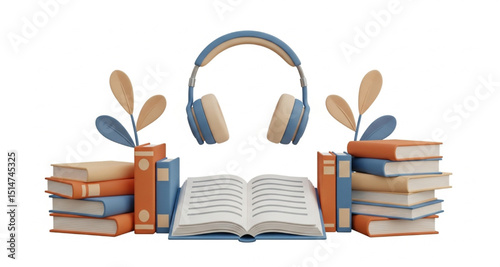 Audiobook Concept with Open Book, Headphones and Stacks of Books | Illustration for Literature, Education, Learning Resources, and Library Marketing