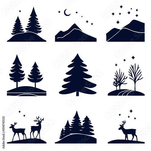Minimalist outline icons snowy forest scenes with reindeer pine trees sleigh tracks and twinkling stars