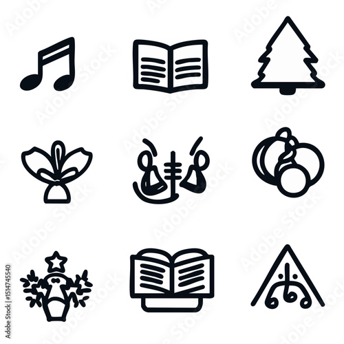 Minimalist outline icons of Christmas music items like caroling books jingle bells choir music notes