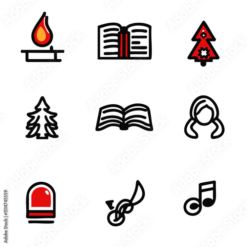 Minimalist outline icons of Christmas music items like caroling books jingle bells choir music notes