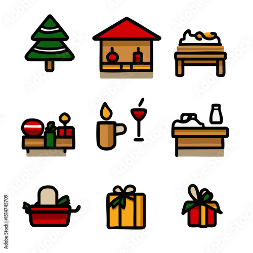 Monoline icons holiday market themes like wooden booths festive lanterns gift stalls and mulled drinks