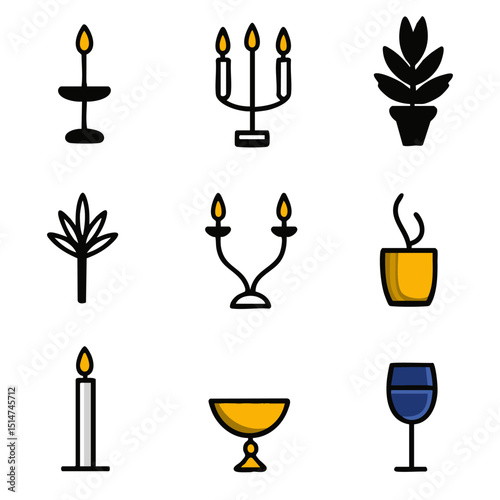 Monoline icons of holiday candlelight scenes including menorahs pillar candles scented candles holders