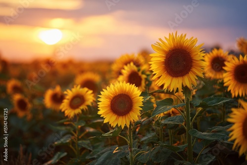 Sunflowers bloom under a vibrant sunset in a serene field during late summer
