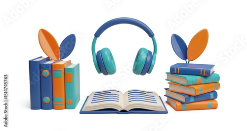Stack of Books with Headphones for Audiobooks or Online Learning | 3D Render of Reading, Education and Digital Content