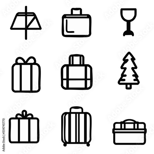 Outline icon set of Christmas travel essentials like packed suitcase airport snow delays boarding passes gifts