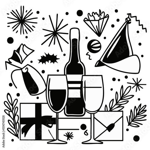 Black white outline icons for Christmas party elements like champagne glasses confetti party hats and holly decor