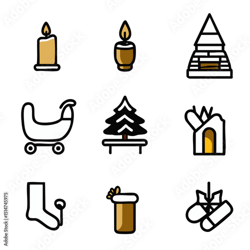Christmas outline icons pack sleigh candle Santa hat fireplace and elf boots in simple line art for seasonal UIUX designs