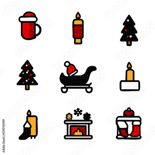 Christmas outline icons pack sleigh candle Santa hat fireplace and elf boots in simple line art for seasonal UIUX designs