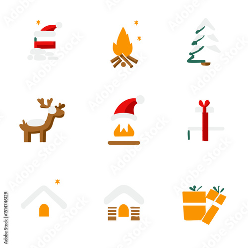 Christmas themed flat icon set featuring fireplace cookies Santa elf hat Christmas carol book and snowy cabin