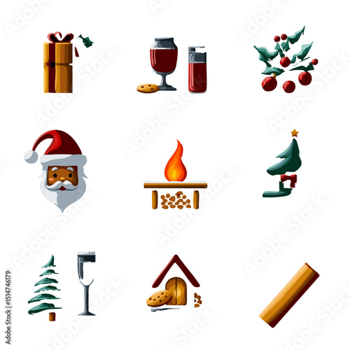 Christmas themed flat icon set featuring fireplace cookies Santa elf hat Christmas carol book and snowy cabin