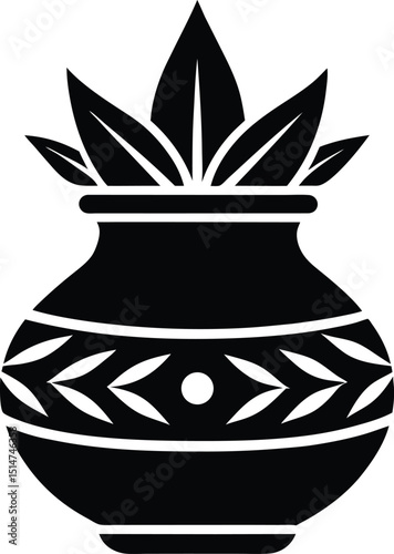 Sacred Pot Icon – Kalash Vector with Mango Leaves and Clean Lines