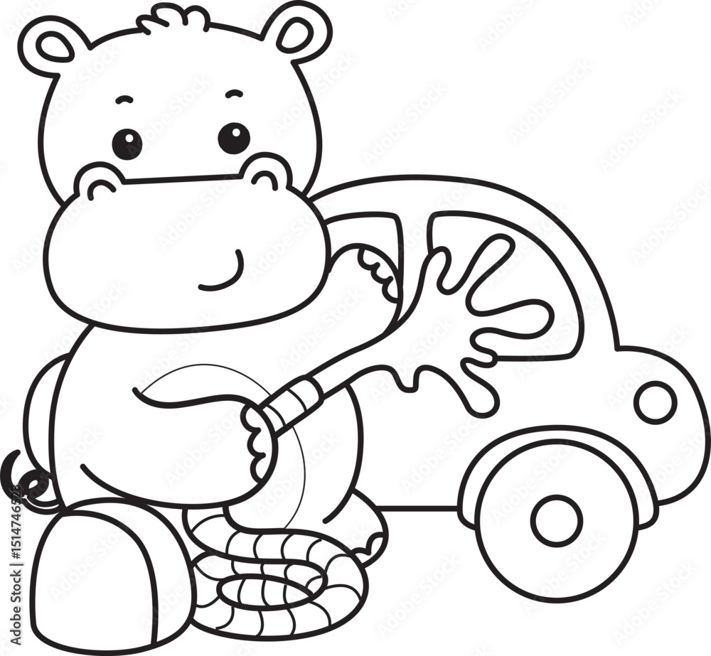 Naklejka premium Outline of Cute hippo icon. Lineart of Funny baby hippo animal series stock illustration. life of fluffy hippo designs.