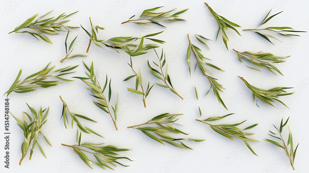 Fototapeta premium Arrangement of delicate green leaves on a white surface.