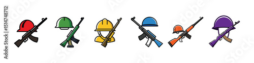 Soldier’s rifle and helmet icon representing military service, army equipment, combat readiness, warfare defense and armed forces symbol vector
