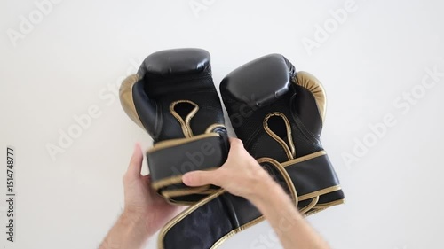 Men's hands put on boxing gloves and then take them off