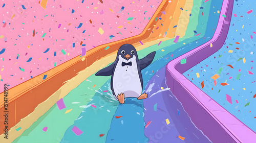Cartoon Penguin in Tuxedo Sliding Down Rainbow Waterslide with Confetti

