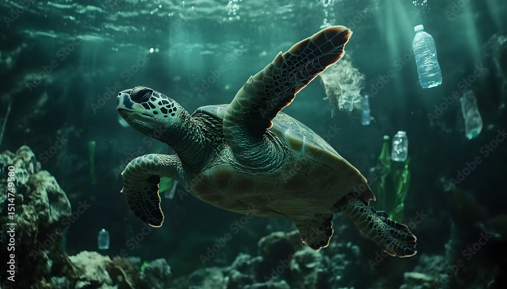 Fototapeta premium Sea turtle swims underwater. Plastic pollution visible on ocean floor. Environmental problem, ocean cleanup. Turtle, plastic bottles, marine life, ecological issue, water pollution, ocean protection.