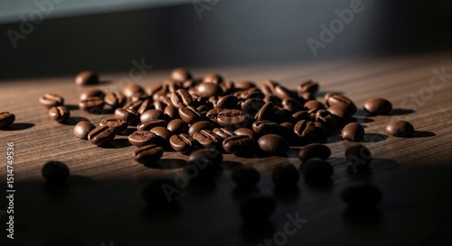 Pile of roasted coffee beans on a wooden table. Aromatic dark brown caffeinated seeds for breakfast beverage.