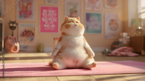 Chubby Cat Doing Yoga on Pink Mat with Motivational Posters in Background


