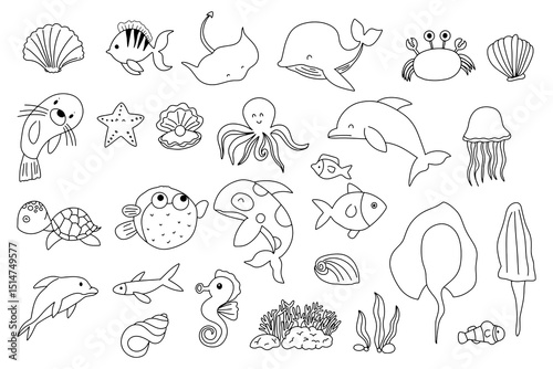 Set of kawaii underwater habit animal collection doodles