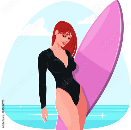 girl surfer on beach in swimming suit with surfboard