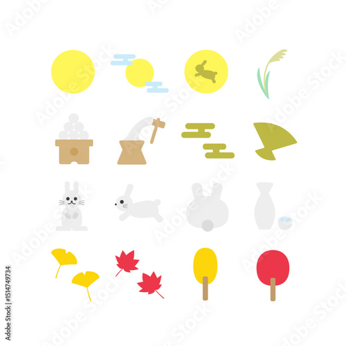 お月見アイコンセット：秋の伝統イベントと自然 - Tsukimi (Moon Viewing) Icon Set: Autumn Traditional Event and Nature