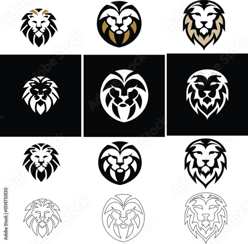 lion face logo icon collection  in flat, outline and button style, isolated vector for premium logo , tattoo design needs. 