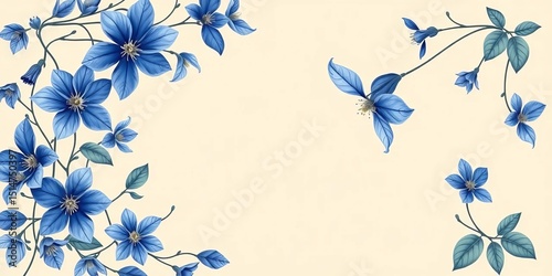 Elegant beige background with engraved blue clematis floral frame ,  wallpaper,  invitation