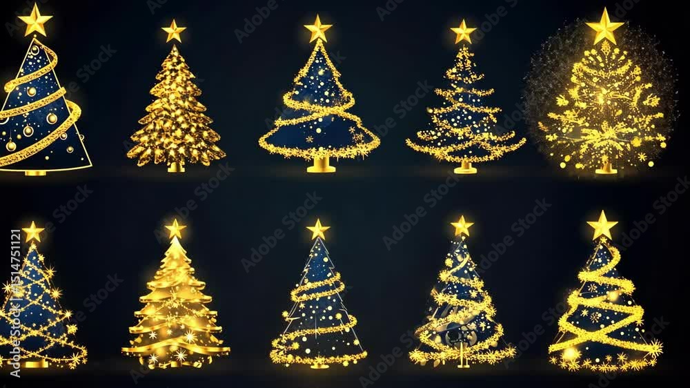 Elegant gold christmas trees with sparkling lights on dark background. Merry Christmas. Happy New Year