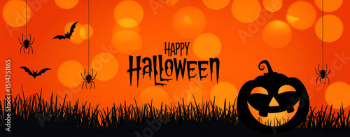 Happy Halloween Background with Pumpkin, Bats, and Spiders Spooky Holiday Illustration