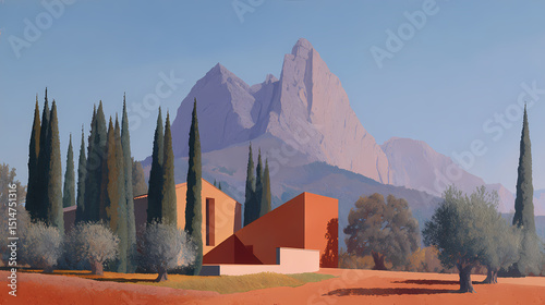 poster design for European art exhibition | form through color | rural serenity | muted terracotta | diagonal anchoring | interior shadows | angular contours | geometric simplification | montagne
