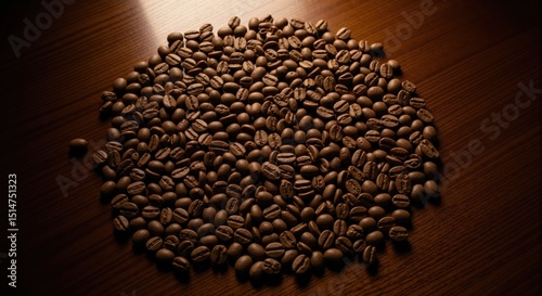 Pile of roasted coffee beans on a wooden table. Aromatic dark brown caffeinated seeds for breakfast beverage.