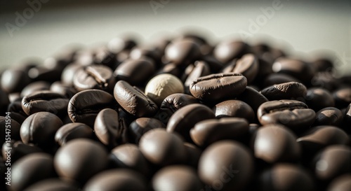 Pile of roasted coffee beans on a wooden table. Aromatic dark brown caffeinated seeds for breakfast beverage.