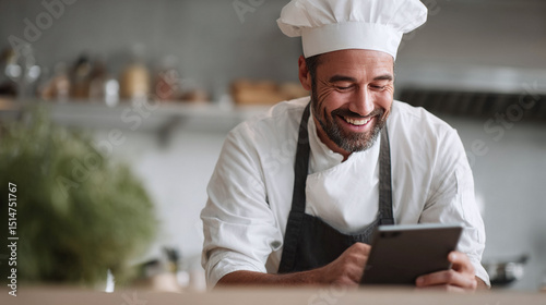 Fototapeta Naklejka Na Ścianę i Meble -  Happy chef in uniform using a tablet. Depicts modern culinary practices, recipe inspiration, food tech. Ideal for culinary blogs, restaurant promotions.