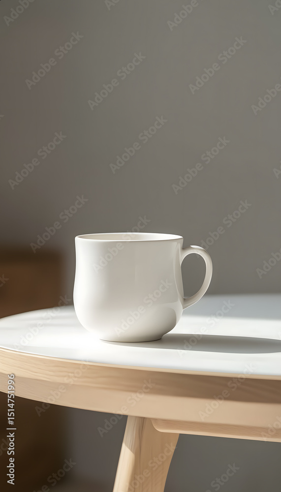 Fototapeta premium A clean, minimalist mockup scene featuring a white ceramic mug on a light wooden table, soft natural light, neutral background, modern aesthetic, high-resolution, photorealistic