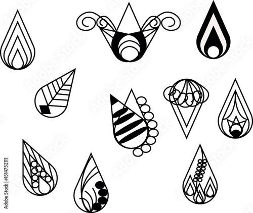 Abstract teardrop-shaped designs featuring a variety of black-and-white geometric patterns,  curves, stripes, dots, and ornamental elements in a stylized, symmetrical composition