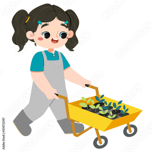 Cute asian girl is pushing garden cart with seedling inside in a summer