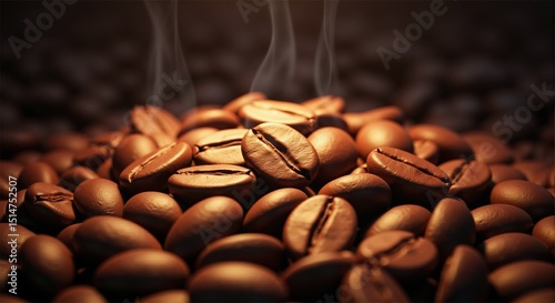 Pile of roasted coffee beans on a wooden table. Aromatic dark brown caffeinated seeds for breakfast beverage.